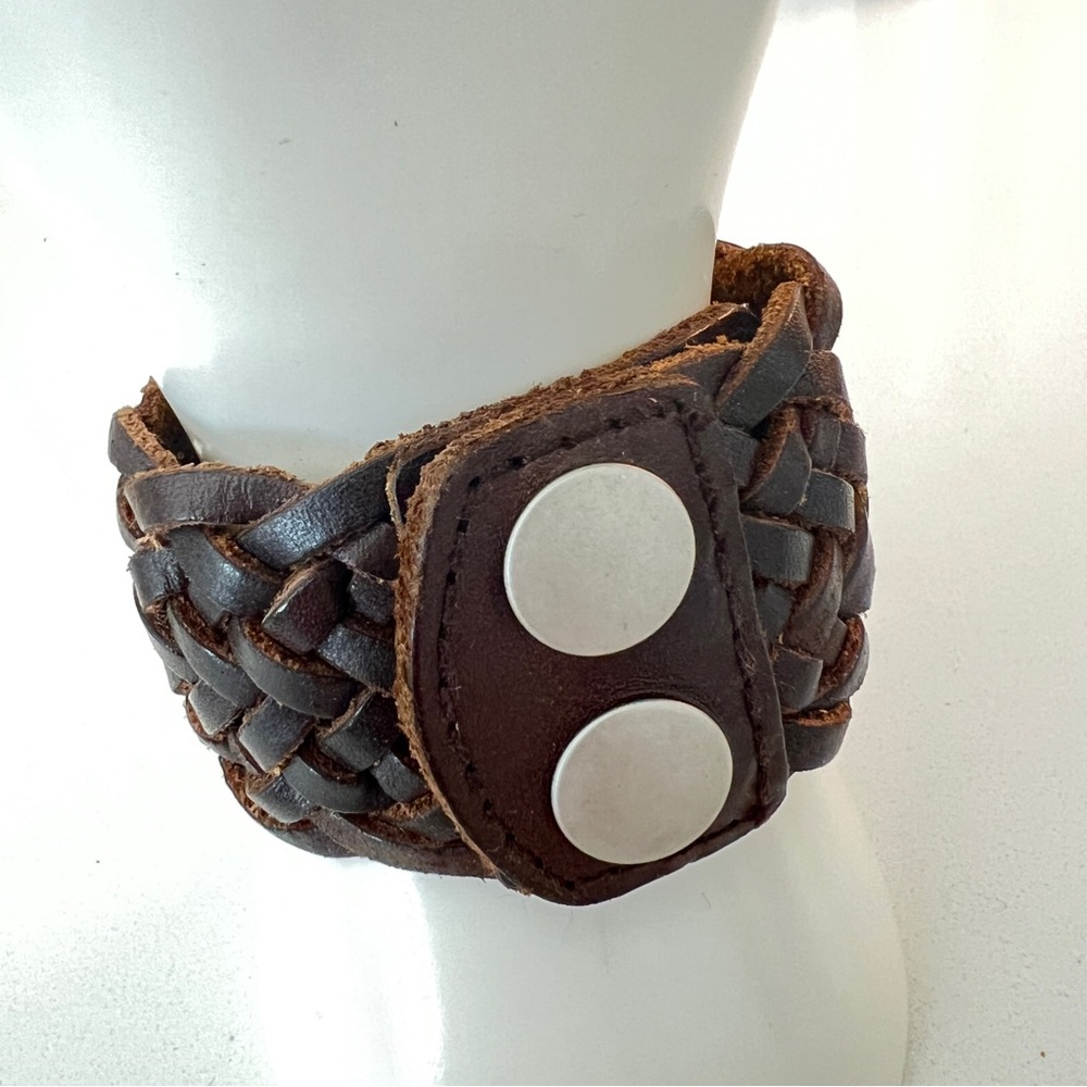Woven Leather Cuff Bracelet Brown Silver Reversible Unisex Wide Statement Band - Picture 3 of 10